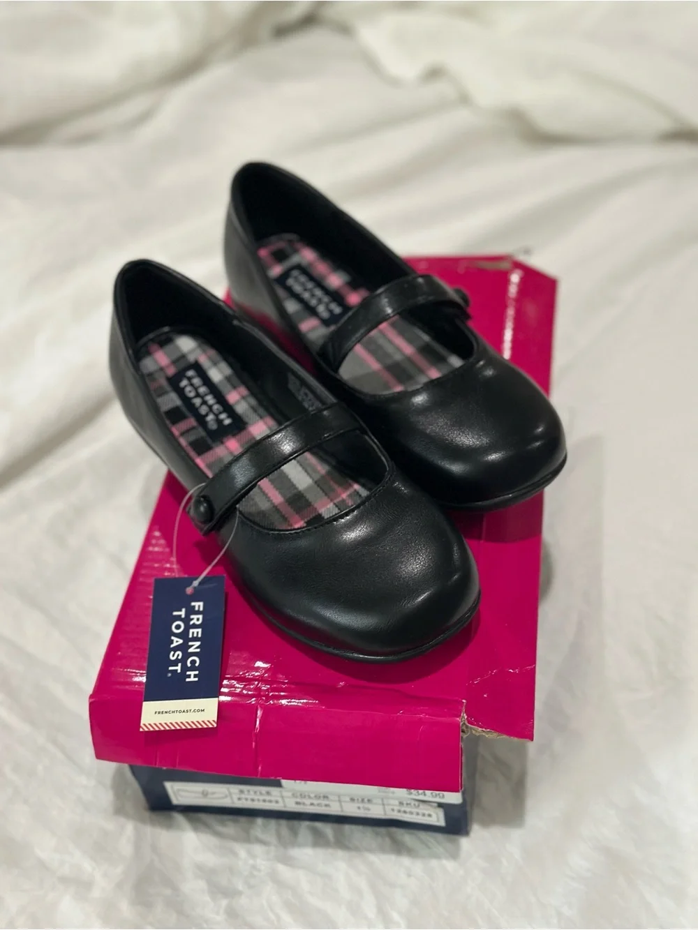 French Toast Black Mary Jane Shoes with Pink Plaid Insole